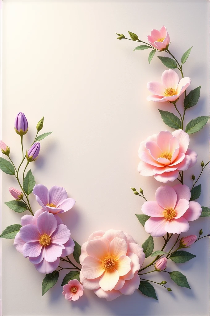"Elegant floral design with pastel flowers and green leaves on a soft, textured background, creating a calming and stylish look."