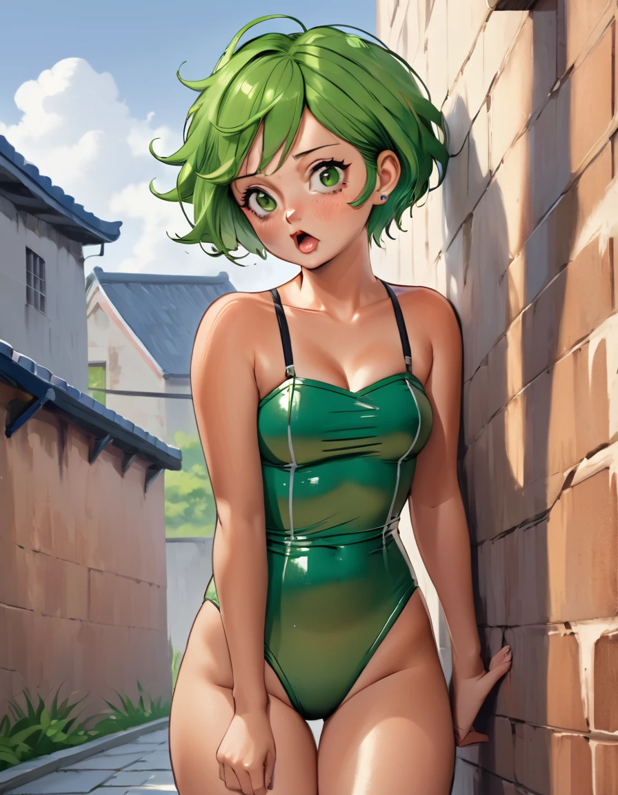 ((Best Quality)), ((Masterpiece)), ((Realistic)) ((Best Quality)), ((Masterpiece)),18 to2, deadly, , large nose, (small chest, flat chested:1.2) (belly grab:1.2), heavy eyeshadow, green lipstick, green short hair, great detail, detailed belly, arms crossed, pouting and angry, large wide lips, unique nose, eyes far apart, thick brown hair, freckles, tomboy, masterpiece, best quality, 1, , strapless one piece swimsuit pear_shaped_body sexy, textured pixie haircut (three quarter view) (leaning on a wall background) 6 and a half heads full body,  surprised, shocked, notice lines, trembling,