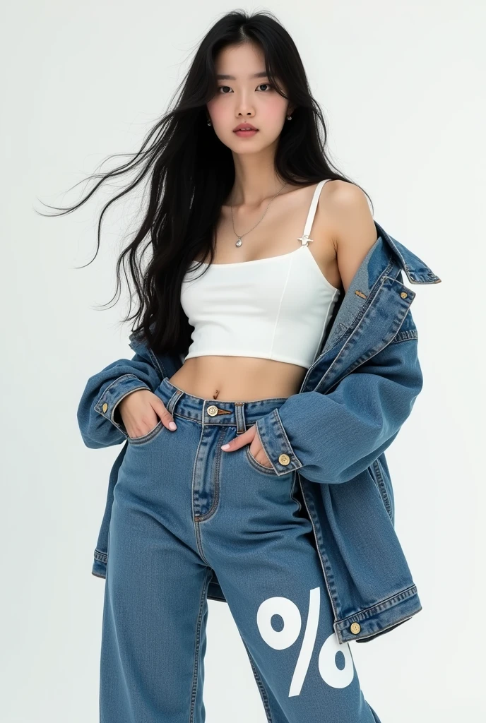 A Korean woman with long black hair, posing standing, slightly inclined, she wears a white Calvin Klein top, há uma jaqueta jeans oversized, she wears baggy jeans, with a print on the upper leg that says "Percent" in large, stylized letters