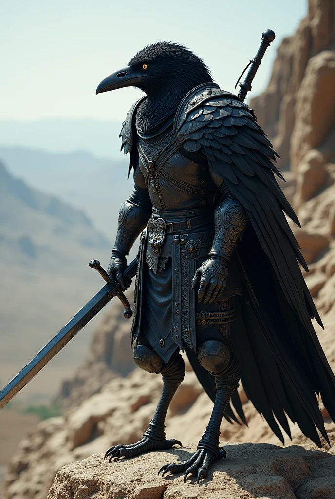 a humanoid crow warrior with sword turned sideways
