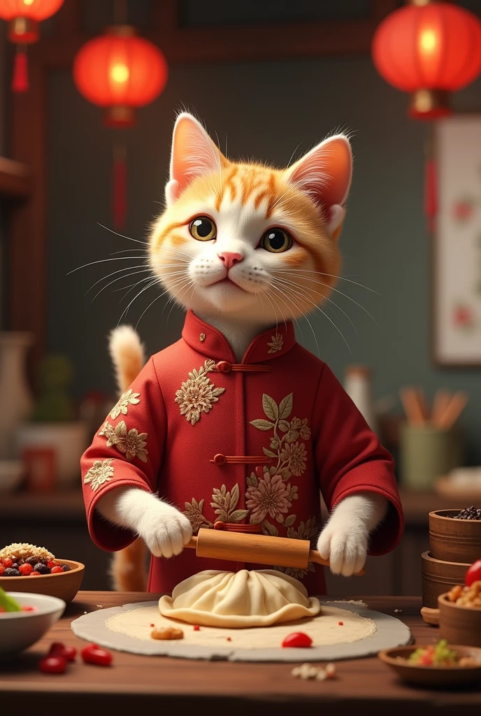  A cat standing on two legs, dressed in a deep red, intricately embroidered qipao, preparing dumplings in a kitchen adorned with lanterns and jade decor. The cat is rolling dough with a small wooden roller, surrounded by bamboo steamers and rich sauces.