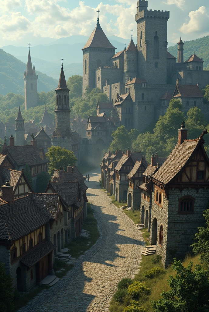 Large Medieval fantasy town with a wall around the town and magical wards on the walls