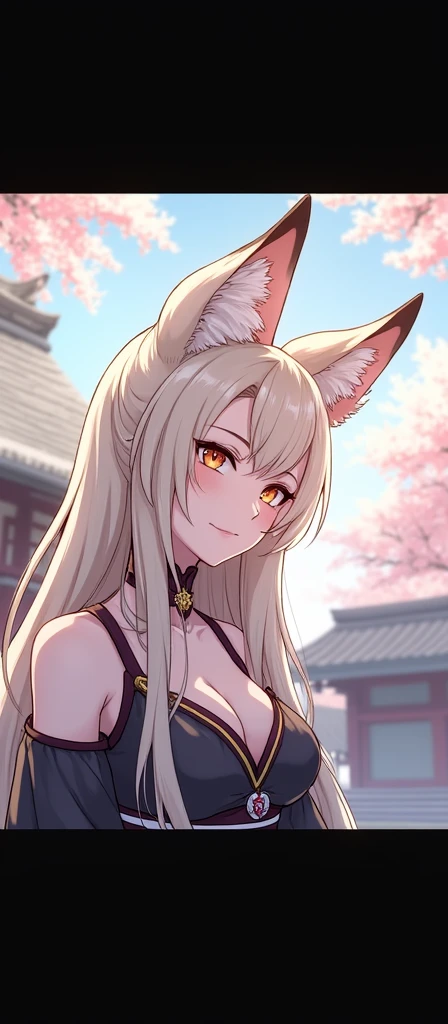 ((yaemicodef)), close-up of a sexy, beautiful, sagacious, cunning fox lady with ((side )) in an exquisite, elegant, and fashionable sleeveless shrine maiden dress, near a picturesque and serene shrine surrounded by blooming sakura trees.
