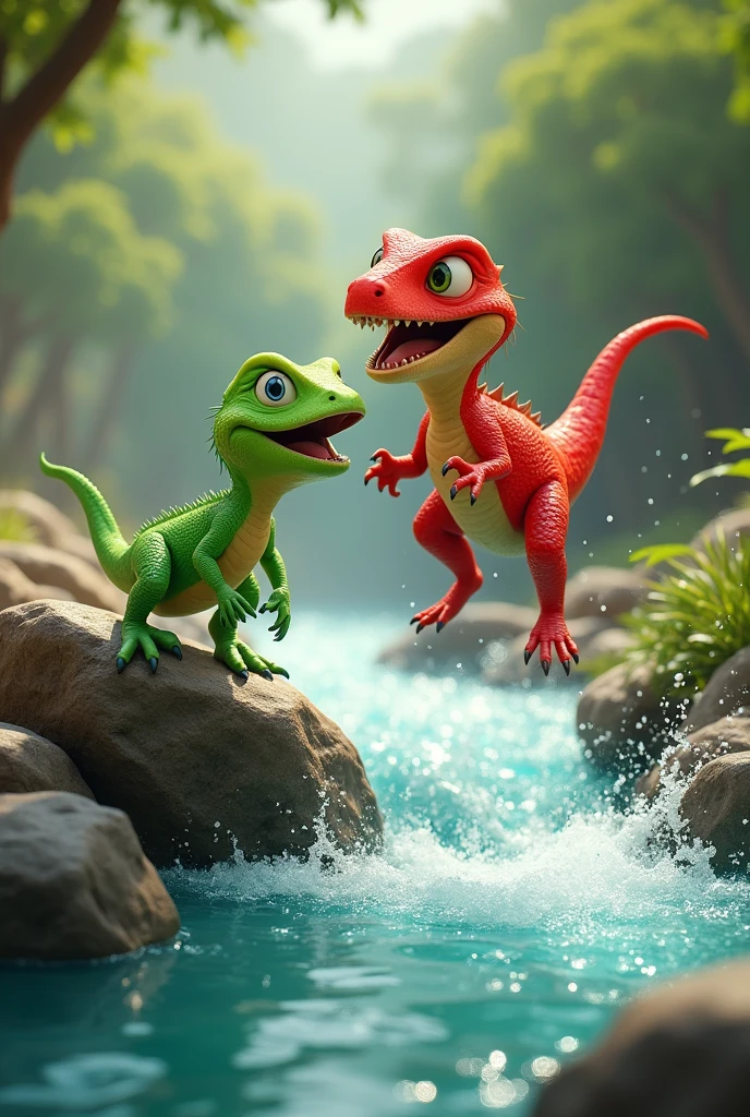 Crossing the Riachuelo: lila, The green lizard and Max the red velociraptor are jumping from rock to rock over a clear, sparkling stream. Max is in the air, showing his agility, mientras lila se aferra a una piedra, smiling.

