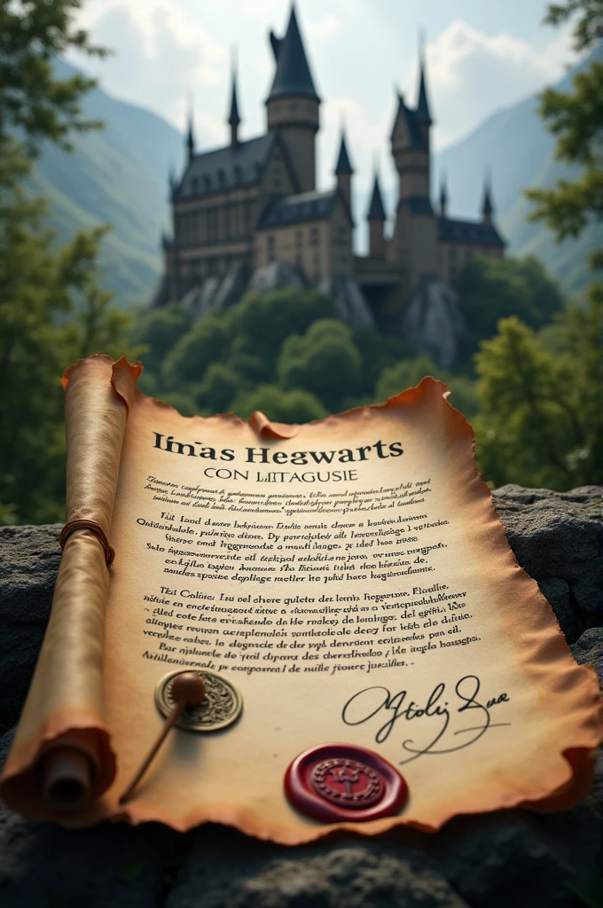 Hogwarts acceptance letter in Spanish, addressed to a person named Itzel, signed by Albus Dumbledore