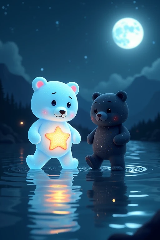 Draw two bears in cartoon style walking inside water at night. Both bears are seethrough and one has a star inside and is glowing and the other is dark and looks like a night sly full of stars