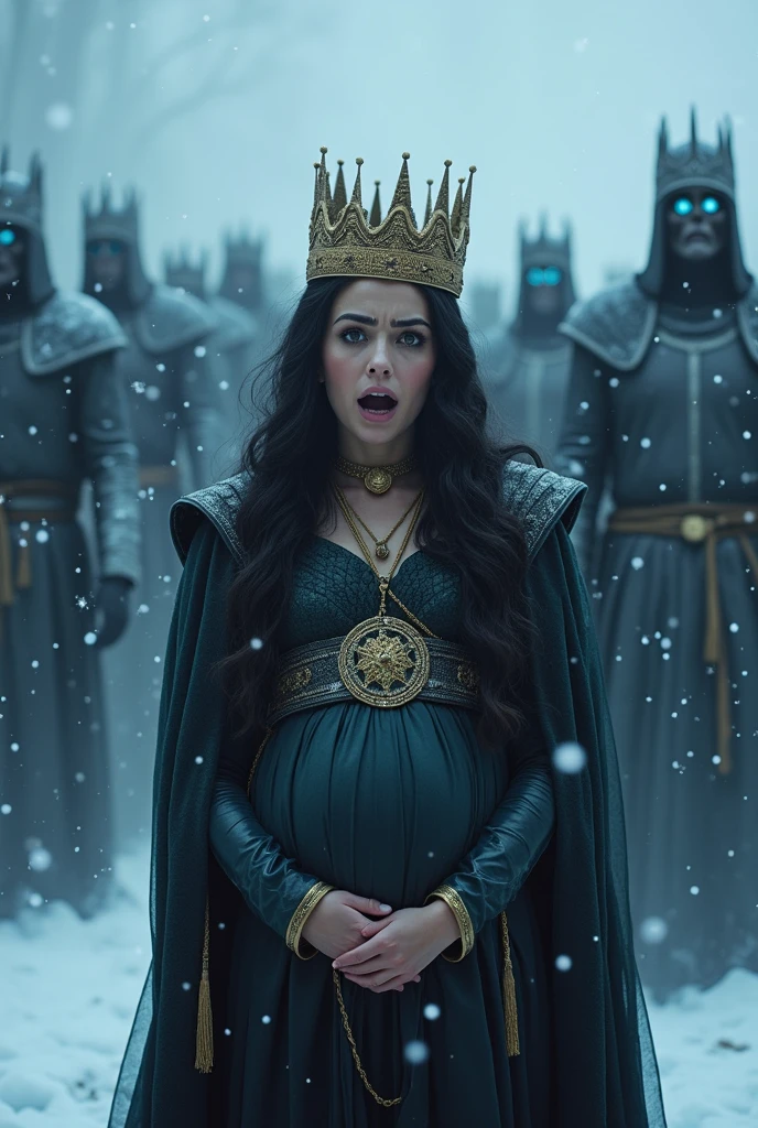 A 2 Turkish woman with dark hair and golden strands, wearing a crown and a dress reminiscent of Sansa Stark's style from Game of Thrones, is depicted with a terrified expression on her face. She is 5  pregnant, with her belly modestly covered. She is in a state of distress, screaming or crying out in fear, with wide, frightened eyes reflecting her dread of the impending danger. The scene is set in a “winter is coming” concept, featuring a cold, snowy, and dark atmosphere. In the background, ghostly figures with ice-blue glowing eyes and frost-covered skin can be seen advancing towards her. Their skeletal, imposing stature and ancient, otherworldly armor suggest an undead army, creating a sense of imminent peril. The pale, icy blue light adds to the dramatic and foreboding mood of the scene, with snow gently falling and enhancing the frozen, menacing ambiance.