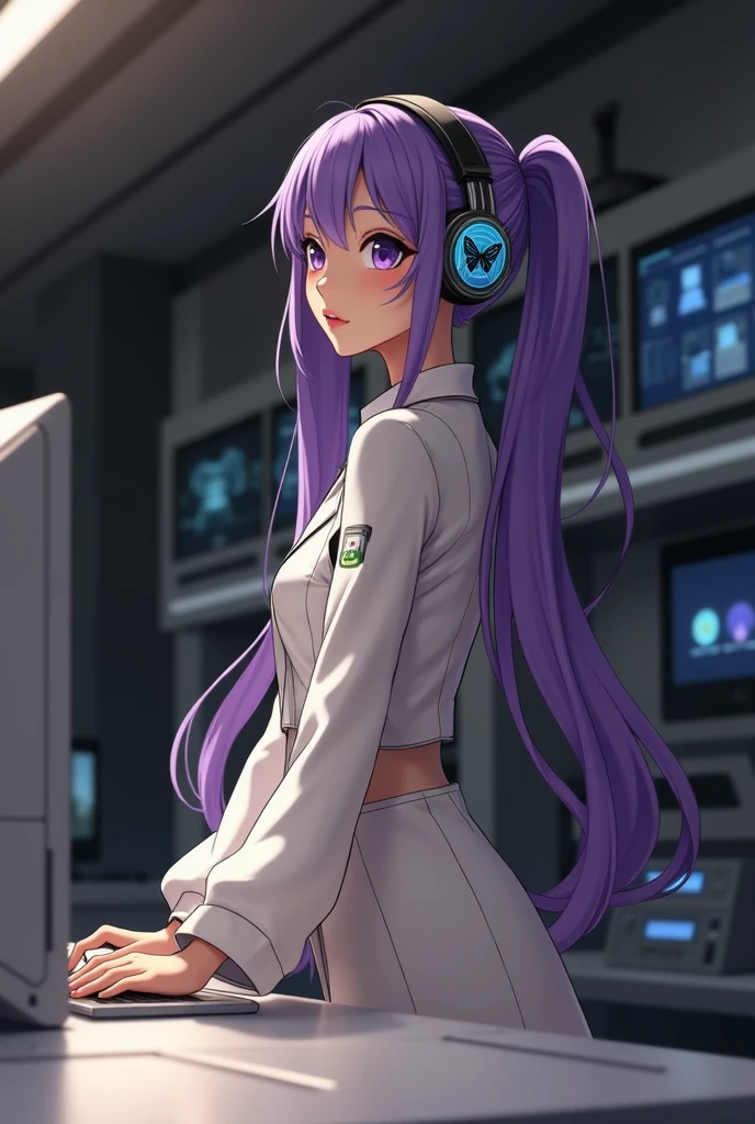 Korean purple hair butterfly woman with headset in laboratory working on computer in scientist outfit and long pigtails