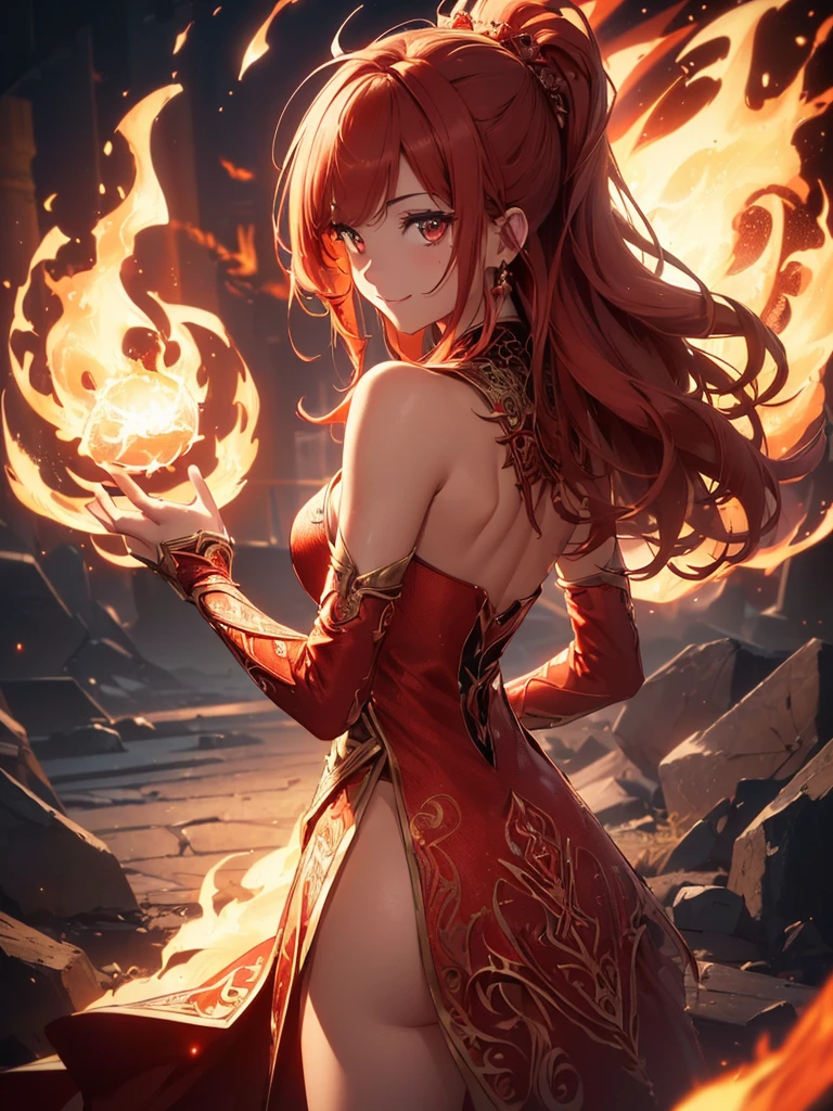 (((best quality, sharp image, clear image, cinematic lighting, 8k resolution, masterpiece, ultra detailed, intricate))) Girl, sorcerer, cute, intricate dress, smiling, fiery red, ((intricate background)), (rune frame), dimension, ((shot from behind)), fire sigils, chaotic background, ((half-body shot))