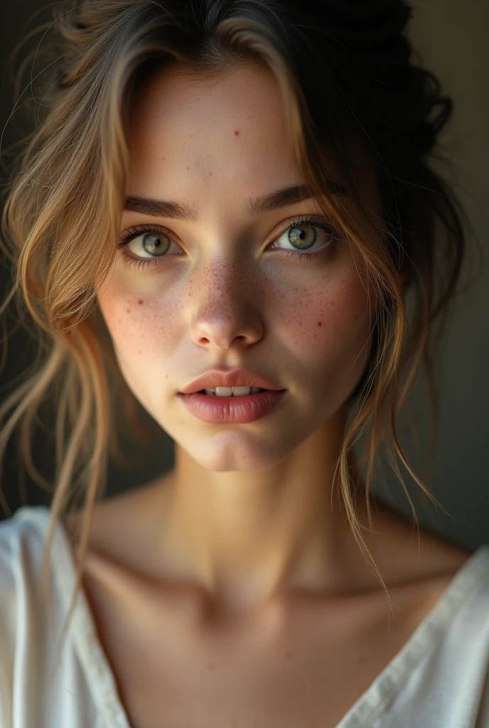 a young woman with striking features. She has fair skin with visible freckles, light eyes and full lips. Her hair is straight and loose, with a slightly messy part. Her facial expression is serene and confident, and the soft lighting highlights her features.