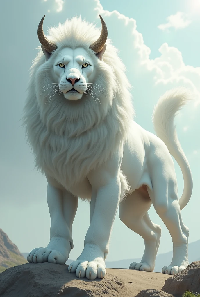 A big white cat, with the body of a Lion, height of a horse, a nice tail sticking up, pointed ears and horns