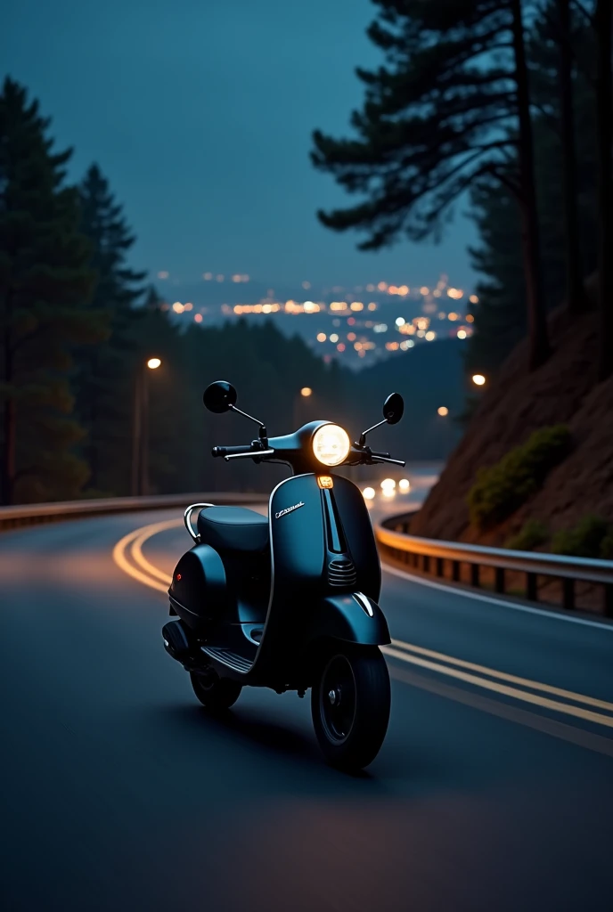 Piaggio vespa notte 125 in matte black on a highway in night time