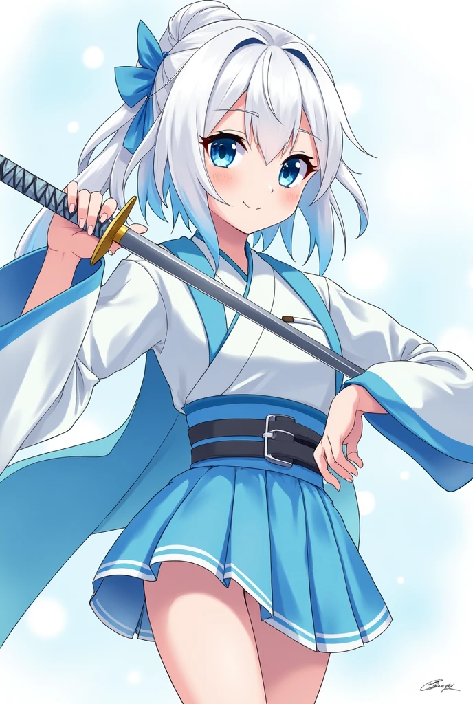 , アニメ, 18-years old, Art of Kimetsu no Yaiba, white hair with blue tips, oni hunters uniform with a skirt, Light blue haori and sky-blue eyes, sword with light blue handle too 