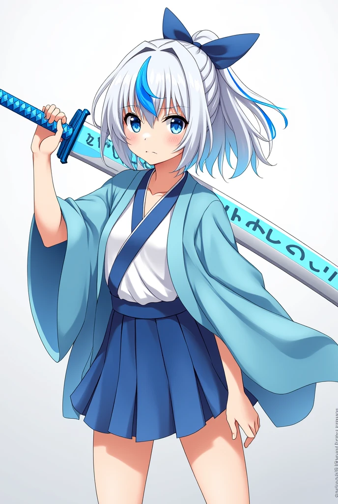 , アニメ, 18-years old, Art of Kimetsu no Yaiba, white hair with blue tips, oni hunters uniform with a skirt, Light blue haori and sky-blue eyes, sword with light blue handle too 