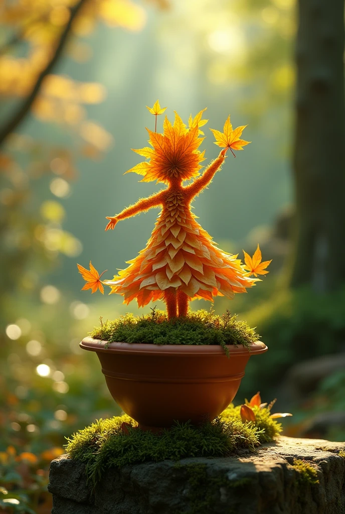A whimsical miniature figure composed of delicately arranged autumn leaves, poised in a carefree dance on the rim of a weathered, moss-covered terracotta pot, set against a lush, vibrant forest backdrop, where dappled sunlight filters through the canopy above, casting intricate shadows. The overall aesthetic is ethereal, with warm, earthy tones of sienna, umber, and olive green, infused with hints of emerald and golden light, evoking a sense of wonder and enchantment, as if plucked from a fantastical realm.