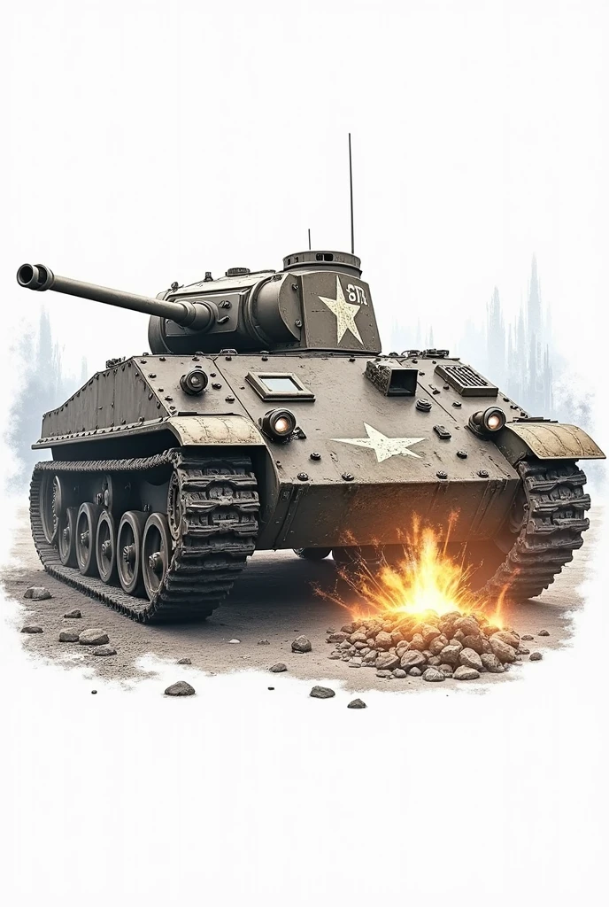 a heavily armored tank from world war 2,war machine,military vehicle,steel armor,treads,turret,gun barrel,battlefield,explosion effects,apocalyptic landscape,cloudy sky,dramatic lighting,digital art,cinematic composition,hyperrealistic,high contrast,muted colors,gritty texture