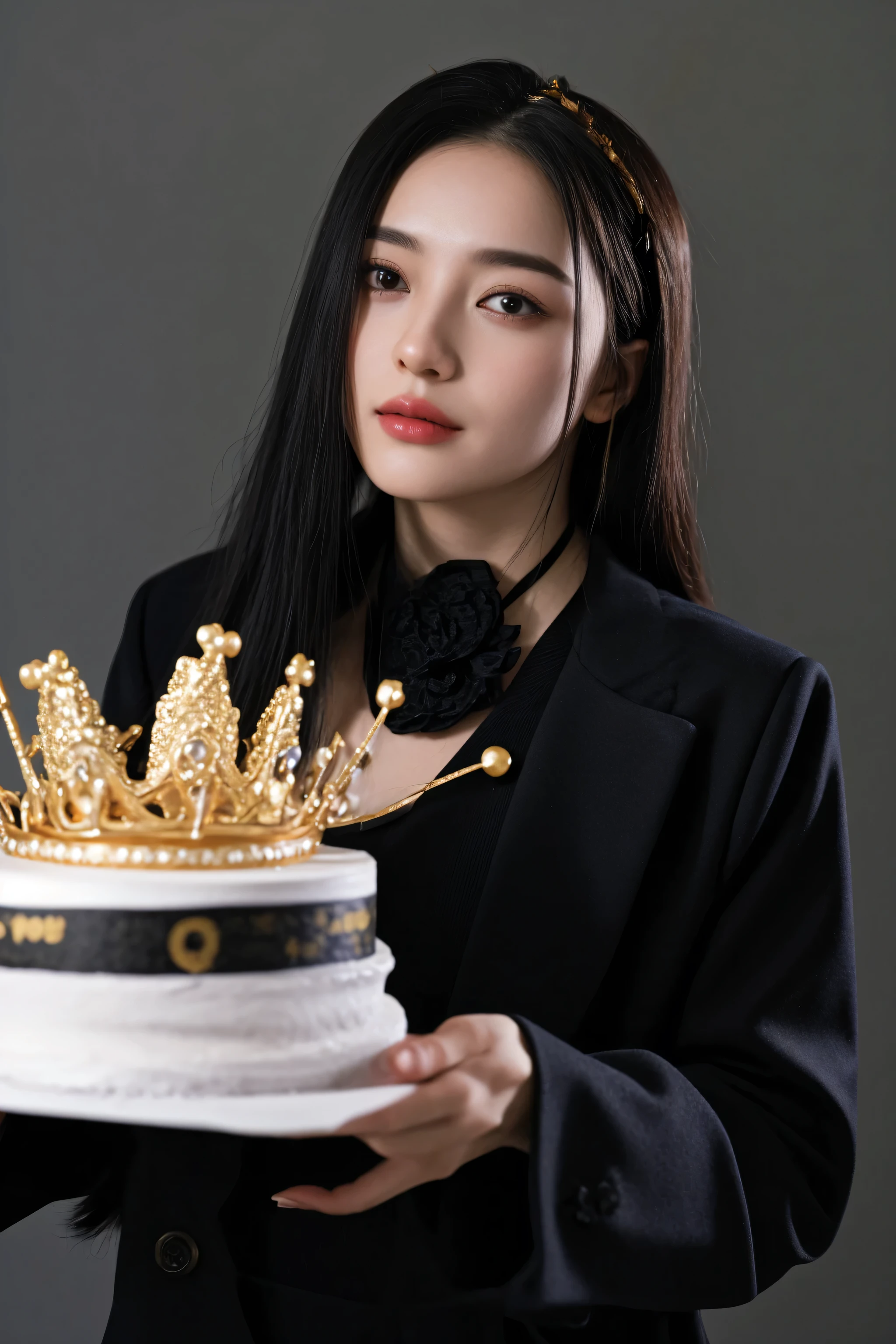 woman in black coat holding a cake with gold crown on top, wearing a crown and suit, with crown, holding a birthday cake, queen crown on top of her head, wearing crown, wearing a diamond crown, shot on canon eos r5, shot on canon eos r 5, with a crown, wearing a crown, wearing a paper crown, with a gold crown