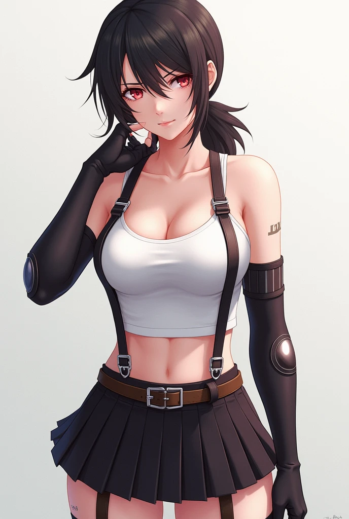Izayoi Seishin artstyle, (score_9, score_8_up, score_7_up), (best quality, masterpiece),perfect anatomy,(aesthetic,very aesthetic),official style, (ultra-high resolution), 1girl, tifa lockhart, final fantasy,(beautiful woman).tareme, black hair, low-tied long hair, red eyes, bangs, white tank top,gap, belt, pleated skirt, thighhighs, elbow fingerless gloves, elbow pads, midriff, navel,suspender skirt.zettai ryouiki ,(front view),straight-on,(large_breasts:1.2),Solo,mediumshot,looking_at_viewer,c