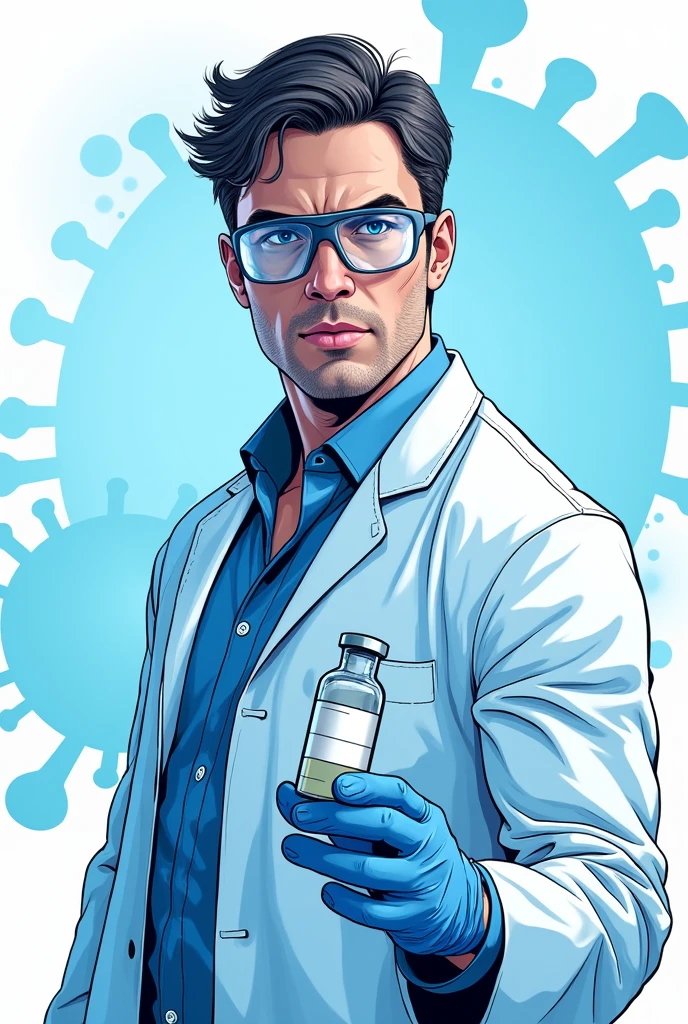 create a comic book drawing with blue tones on a white background of a scientist holding a vaccine