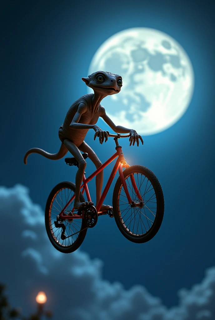 ET riding a bike, and flying in the air, with the full moon in the background, just like from the original movie 