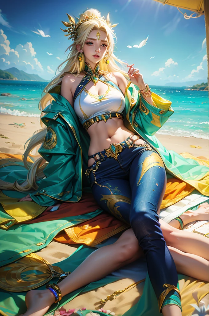youthful beautiful teen girl with waist-length, thick, platinum blonde dreadlocks, adorned with colorful beads. flawless face, focused, serene expression, peaceful aura. wearing a hand-painted crop denim jacket, leggings with a unique patchwork design, and barefoot, with anklets made of seashells. She is agile lounging on a sandy beach at sunrise, ocean waves in the distance, tranquil atmosphere. her hands resting on her hips and thighs
