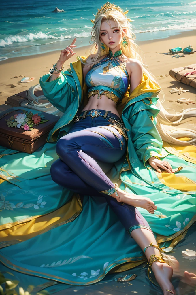 youthful beautiful teen girl with waist-length, thick, platinum blonde dreadlocks, adorned with colorful beads. flawless face, focused, serene expression, peaceful aura. wearing a hand-painted crop denim jacket, leggings with a unique patchwork design, and barefoot, with anklets made of seashells. She is agile lounging on a sandy beach at sunrise, ocean waves in the distance, tranquil atmosphere. her hands resting on her hips and thighs
