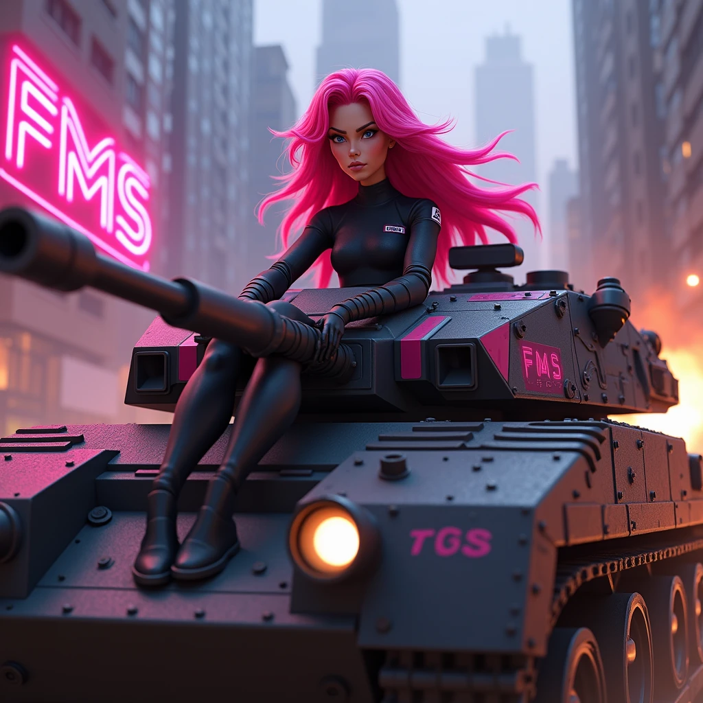 Creates the image of a woman with extraordinary beauty, She has long, bright pink, flowing hair, and is sitting driving a war tank with tracked wheels and some pink details, has dark eyes and a slightly fleshy mouth. She is confident and is driving to war . She wears a long, tight-fitting black jumpsuit., the jumpsuit has a label with your name written “THAY” on the left chest. high resolution, ultra HD, 品質, high qualiy, High details, disney pixar model image. The tank has a neon sign that says “FMS”