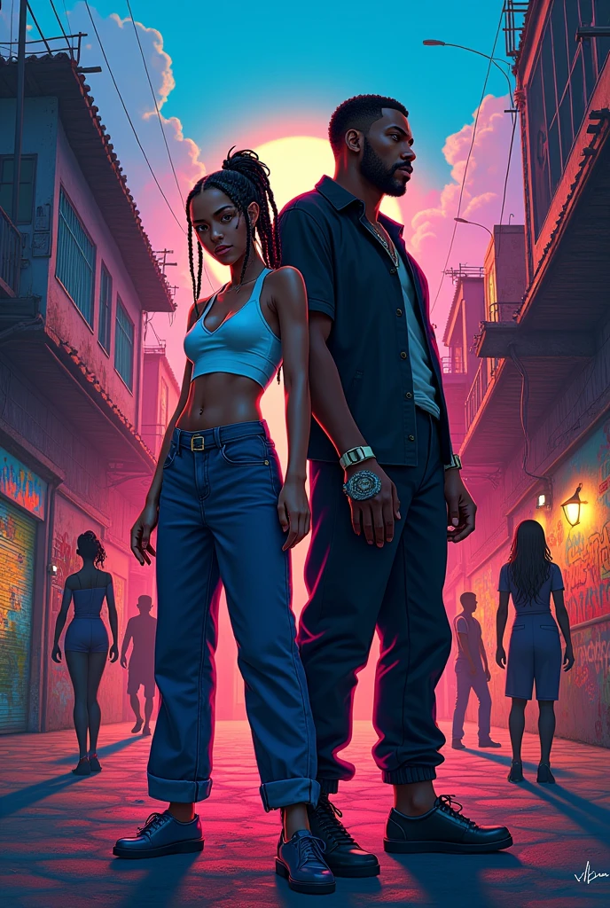 Detailed Description for Book Cover:**
**Elementos visuais:**
fund:The cover must have a vibrant background that evokes the atmosphere of the Rio de Janeiro favela, with a mix of colorful graffiti and urban landscapes at dusk. This represents the dynamic and multifaceted setting of the story..
main character:In the center of the cover, Featured Jin-Soo Korean, with her hair long and tied in a bun or braids, wearing a modern and stylish outfit that matches the aesthetics of funk dance. He must have a confident and resilient expression, reflecting on your journey of overcoming.
Minor character: Next to Jin-Soo, insert John, with his imposing and muscular style, wearing typical favela clothes and an expression that mixes charm and intensity. His presence should convey the power and complexity of the relationship with Jin-Soo..
Villains: in background whith, add silhouettes or shaded figures of the villains, with traces of envy and hostility. They should be partially hidden., creating a subtle contrast with the main characters and adding a sense of tension and conflict.
Elements of Funk: Include visual elements associated with funk dance, like musical notes or a stylized dance floor, to capture the energy and atmosphere of the ball.
**Predominant Colors:**
vibrant hues: Use a vibrant color palette like neon blue, hot pink and yellow to convey the energy and liveliness of the favela and funk dance scene.
contrasts: Combine these vibrant colors with darker, more somber tones to highlight tension and drama in the narrative., like black and dark gray.
Light and Shade: Use light and shadow effects to create a sense of depth and highlight key elements of the cover, reflecting the emotional tone of the story.
Emotional Tom:
Dynamic and Intense: The cover should reflect the intensity and complexity of the story, with a mix of vibrant and dark elements to convey both the energy of funk dance and the challenges and conflicts