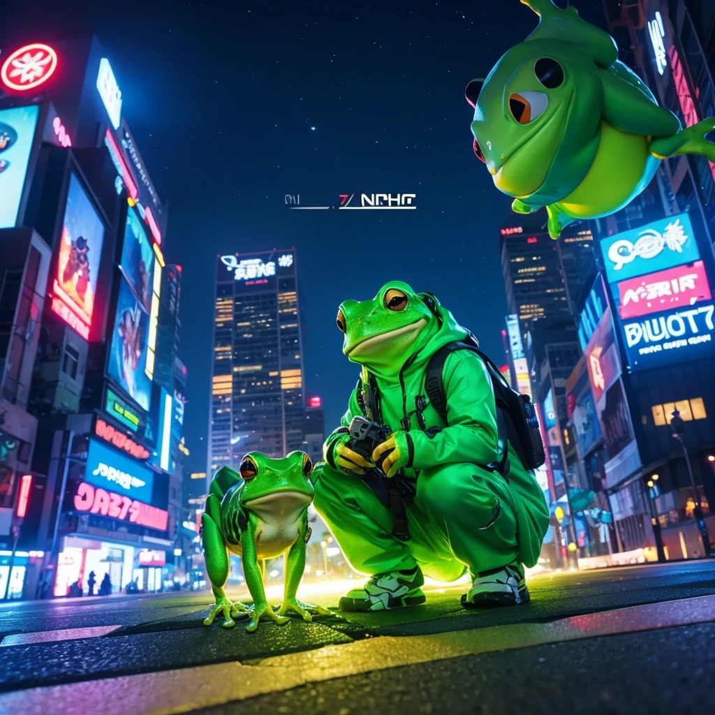 ((gaming)),(cute),(calm down),(Night view),(Cyber), one Animal Frog,anime