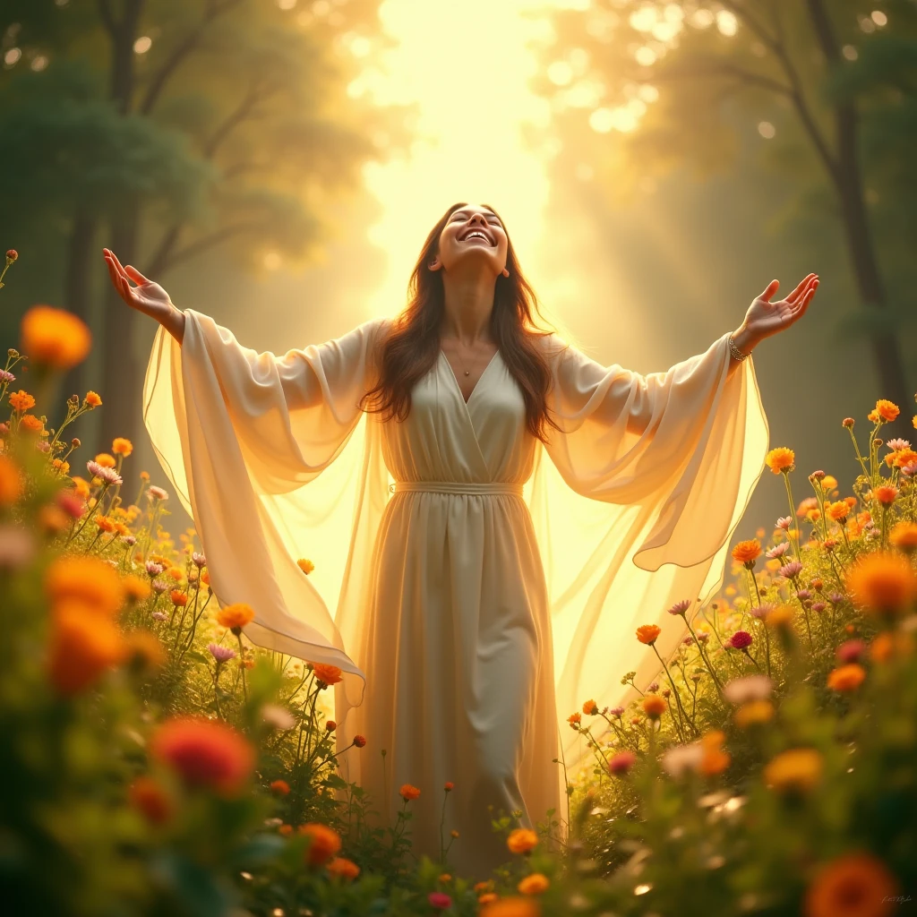 Visualize a joyful woman standing in a meadow filled with blooming flowers, her face lifted towards the sky, arms raised in praise. She is dressed in a flowing, radiant robe that glows with a divine light, symbolizing the garments of salvation. A soft, golden light surrounds her, emphasizing her delight and rejoicing in the Lord.
