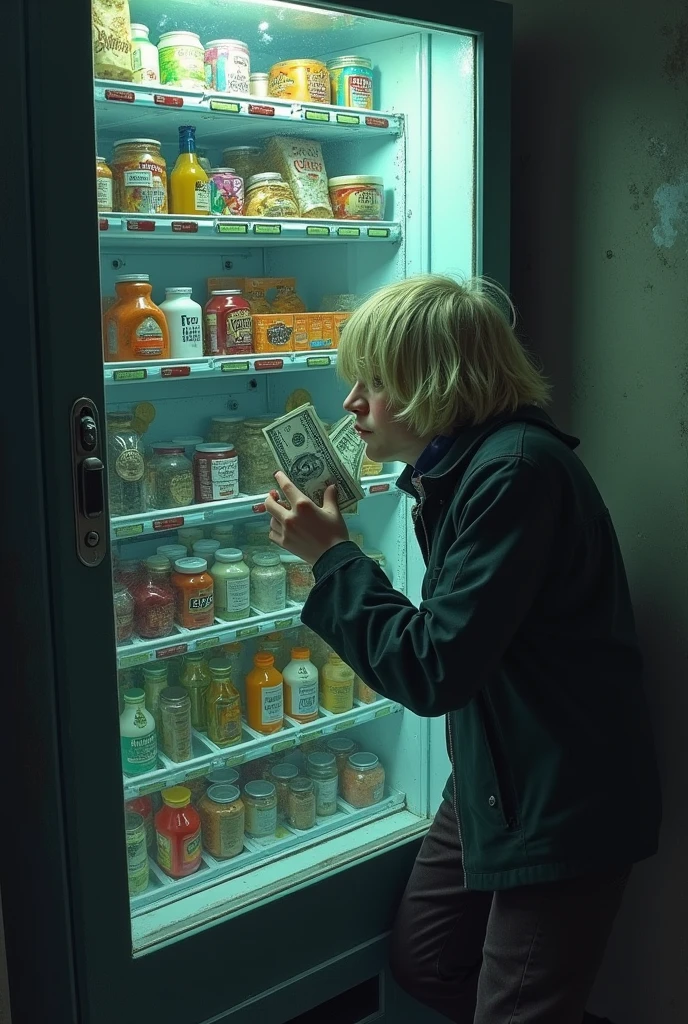 Concept: A person standing in front of a vending machine, with their head stuck inside, as if they’ve been swallowed by it. The machine is filled with not just snacks, but also pills, alcohol miniatures, and credit cards. The figure’s hand is visible outside the machine, desperately clutching a few dollar bills.