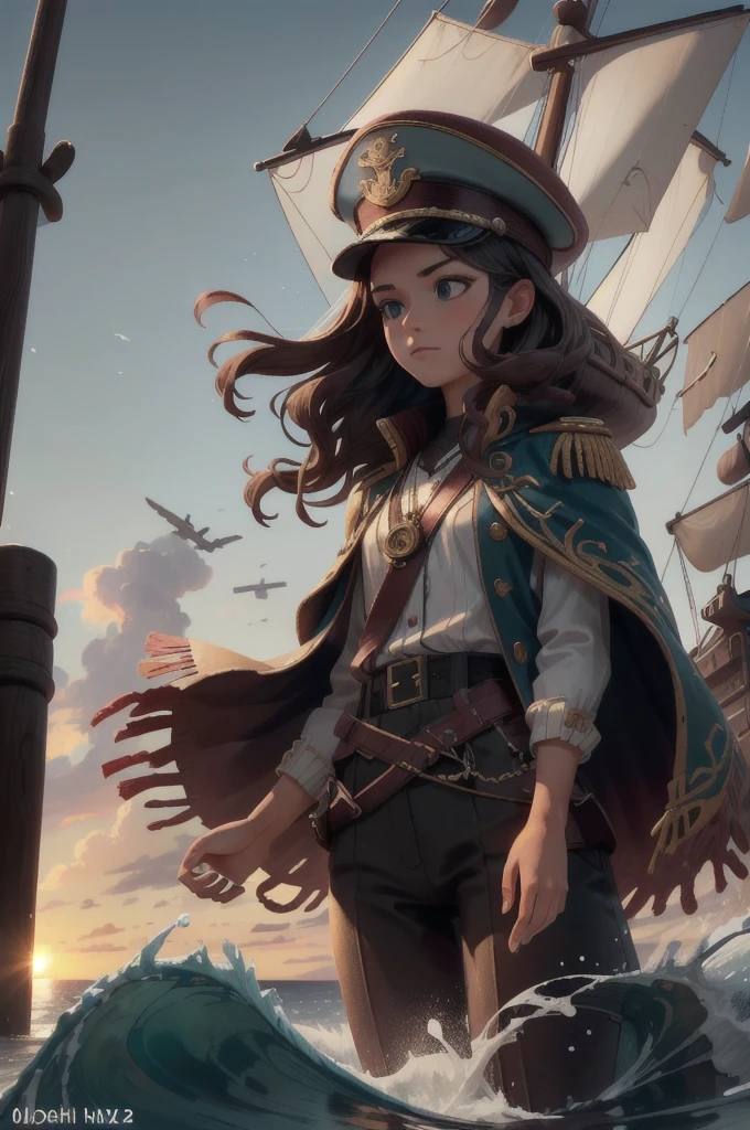 (A small chest:1.2),(masterpiece, best quality:1.2),(beautiful, perfect, delicate, intricate:1.1),1 girl,adult woman,light blue eyes,copper half-up half-down hairstyle,solo,upper body,looking down,detailed background,ship captain,serious,dark red captain uniform,elegant cloak,captain hat,decorations,dynamic pose,on deck of ship,anchor,dawn,dramatic lighting,epic atmosphere,waves on the horizon,