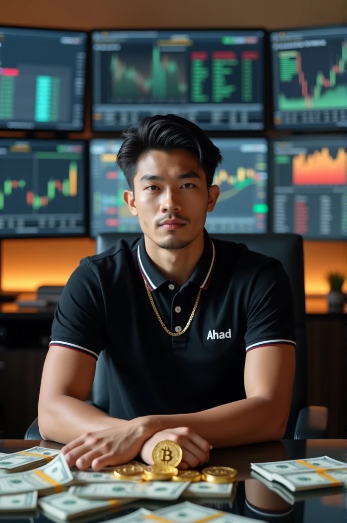 A sleek, well-lit room filled with an ambiance of professional sophistication. The lighting is soft and focused, casting a warm glow across the room.
In the center, a 20-year-old young enemy with face mask man sits comfortably on a high-end chair. He’s dressed in a stylish black polo shirt with the name “AHAD” embroidered on the chest. He exudes confidence and composure.
Behind him, several high-resolution monitors display complex trading charts and graphs, their screens flickering with real-time data.
In front of him, a glass-topped table is cluttered with stacks of dollar bills and shiny gold coins, signifying wealth and success. Around his neck, he wears a distinctive Bitcoin chain, reflecting his involvement in cryptocurrency.
The scene conveys a sense of modern success and expertise, blending luxury with high-tech finance.
Feel free to adjust any details to better fit your vision!