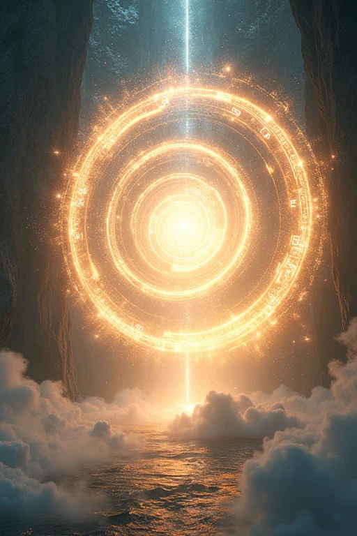 "A majestic portal of light is open, suspended in air. The portal is a spinning vortex of radiant energy, with beams of pure light, white and golden, spiraling towards the center. The surrounding area is bathed in a soft ethereal glow, with sparkling particles floating in the air. On the other side of the portal, a mystical and surreal dimension is visible, full of vibrant colors, floating islands and surreal landscapes. The edges of the portal are adorned with intricate symbols and runes, that shine with a pulsating energy. The scene is both inspiring and serene., evoking a sense of peace and wonder."