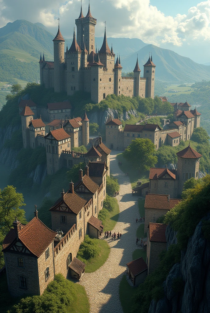 Large Medieval fantasy town with a wall around the town and magical wards on the walls