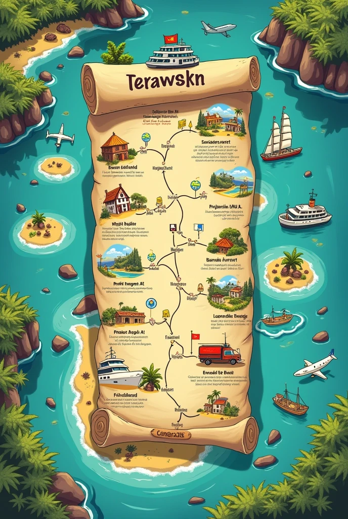 Create a treasure map indicating the stages of the journey between Salvador airport and Boipeba Island in Bahia, flowchart style.