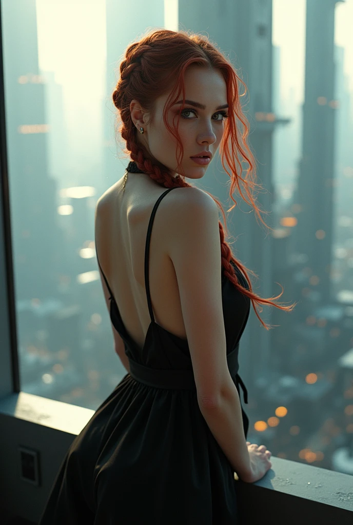 Huge sprawling city bladerunner 2049 style,fisheye effect,Hailee steinfeld,Extreme Closeup,young woman,white invisible background,young Caucasian woman standing on rooftop below towering futuristic lattice buildings,Smokey eyes ,black flowing dress blowing in wind,thigh leaning forwards,looks like joi ,beautiful makeup,skin imperfections,sensual, sunset,braided red hair ,makeup,bokeh, looks like joi from blade runner,looks like ana de armas,stylish hair ,ultra HD,intricate details,3d render,hyper maximalist,light pouring in window, Premium, Superior, Professional, Flawless, Exquisite, High- end, Photorealistic, Textured, Impressive, Hyperrealistic, High- resolution, Lifelike, Masterpiece, High dynamic range (HDR), PBR (Physically Based Rendering), Post- processing effects, Dynamic composition, Ray tracing, Ultra detailed, High quality, Sharp focus, Translucency, Naturalistic, Organic textures, Highly detailed, Details, Full HD, Depth of field, Realistic lighting
