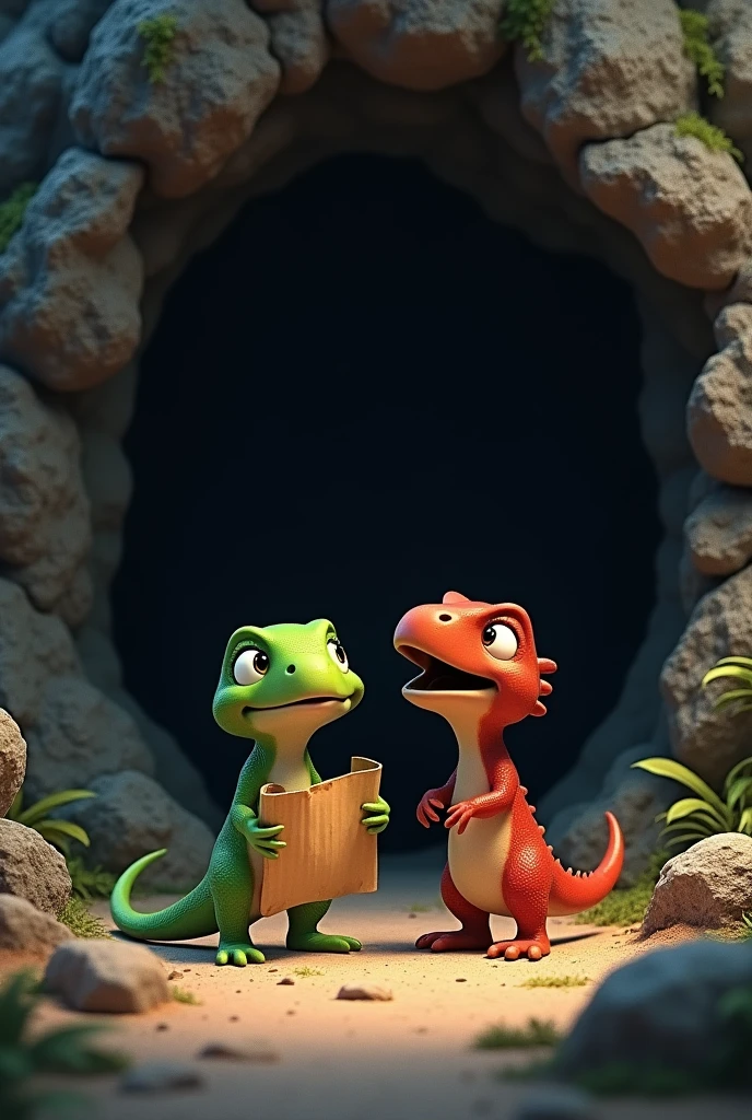 Arrival at the Cave: The cave has a large, dark entrance with rocks around it.. Lila the green lizard and Max the red velociraptor are standing in front of the cave, surprised and excited, with the map in hand.
