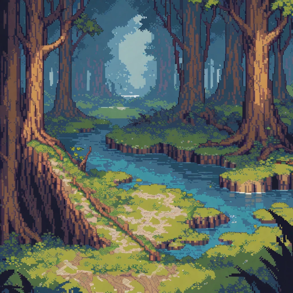 (masterpiece, Highest quality:1.2), Pixel art,land,Mysterious Forest,Like a map