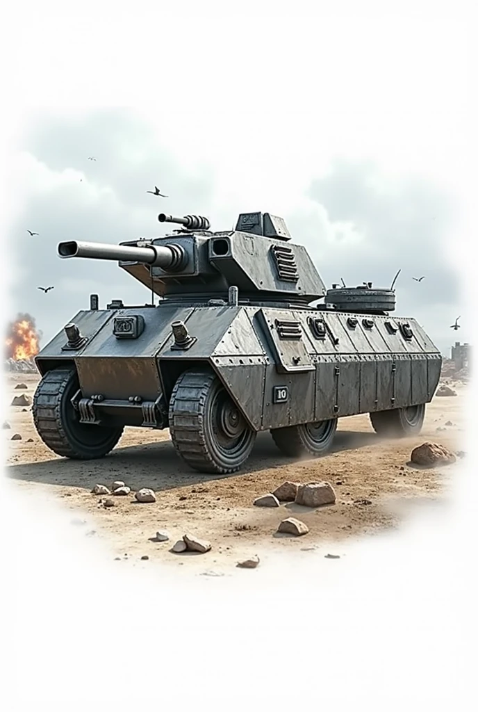 a heavily armored tank from world war 2,war machine,military vehicle,steel armor,treads,turret,gun barrel,battlefield,explosion effects,apocalyptic landscape,cloudy sky,dramatic lighting,digital art,cinematic composition,hyperrealistic,high contrast,muted colors,gritty texture