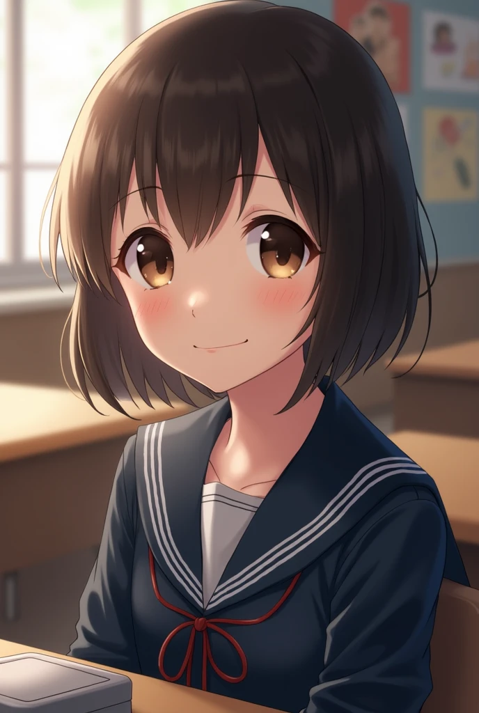 Highest quality, Face Focus, Soft Light, Ultra-high resolution, (Realistic:1.4), RAW Photos, 1 Japanese girl, alone, cute, (A shy smile:0.5), (Brown eyes, Light in your eyes), Beautiful face in every detail, (Small box),(High resolution detail of human skin texture), (Short Bob Hair), break, In the classroom,Navy uniform, Best, skirt