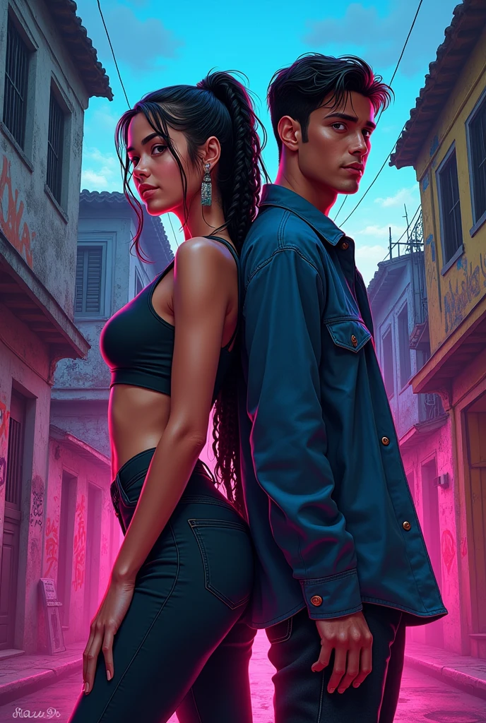 Detailed Description for Book Cover:**

**Elementos visuais:**
fund:The cover must have a vibrant background that evokes the atmosphere of the Rio de Janeiro favela, with a mix of colorful graffiti and urban landscapes at dusk. This represents the dynamic and multifaceted setting of the story..
main character:In the center of the cover, Featured Jin-Soo Korean, with her hair long and tied in a bun or braids, wearing a modern and stylish outfit that matches the aesthetics of funk dance. He must have a confident and resilient expression, reflecting on your journey of overcoming.
Minor character: Next to Jin-Soo, insert John, with his imposing and muscular style, wearing typical favela clothes and an expression that mixes charm and intensity. His presence should convey the power and complexity of the relationship with Jin-Soo..
Villains: in background whith, add silhouettes or shaded figures of the villains, with traces of envy and hostility. They should be partially hidden., creating a subtle contrast with the main characters and adding a sense of tension and conflict.
Elements of Funk: Include visual elements associated with funk dance, like musical notes or a stylized dance floor, to capture the energy and atmosphere of the ball.

**Predominant Colors:**
vibrant hues: Use a vibrant color palette like neon blue, hot pink and yellow to convey the energy and liveliness of the favela and funk dance scene.
contrasts: Combine these vibrant colors with darker, more somber tones to highlight tension and drama in the narrative., like black and dark gray.
Light and Shade: Use light and shadow effects to create a sense of depth and highlight key elements of the cover, reflecting the emotional tone of the story.
Emotional Tom:
Dynamic and Intense: The cover should reflect the intensity and complexity of the story, with a mix of vibrant and dark elements to convey both the energy of funk dance and the challenges and conflicts