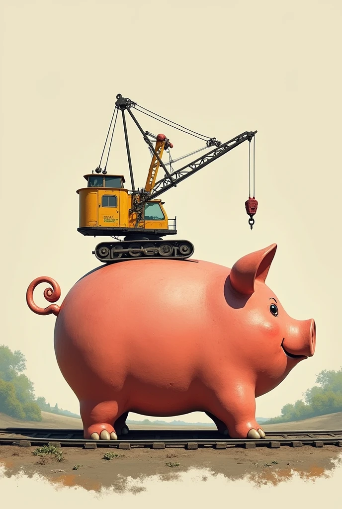 A large piggy bank painted with a crane on a track that says "to pay my friend"
