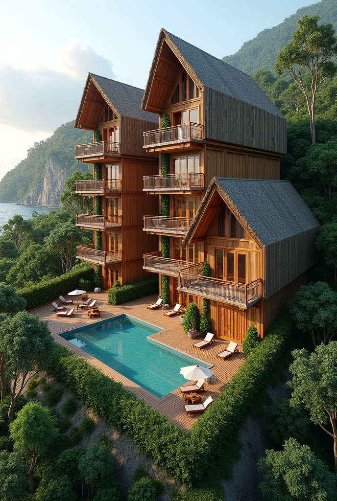 make an big 2-building hotel, environment-friendly with a philippine-native bamboo vibe. one is for standard and have 6 rooms. and the other is for deluxe and have 4 rooms. each rooms in the building consists own separated balcony with a table each intended for in-room dining experience to appreciate the nature around. make it typhoon-proof, the roof is like hut but have a modern aesthetic design. also make a function-hall in the side of the two building, with a small kiosk for a mini bar and handcrafted souvenir. it should be sorrounded by yard and plants, make a pool. it should give justice to our concept semi-eco-friendly hotel. siargao vibe.
take note: 2 buildings only.
make the photo wide landscape that it can be visualize located in an island. if you know Biri, Northern Samar ot should be located in it. so the buildings should face the beach.