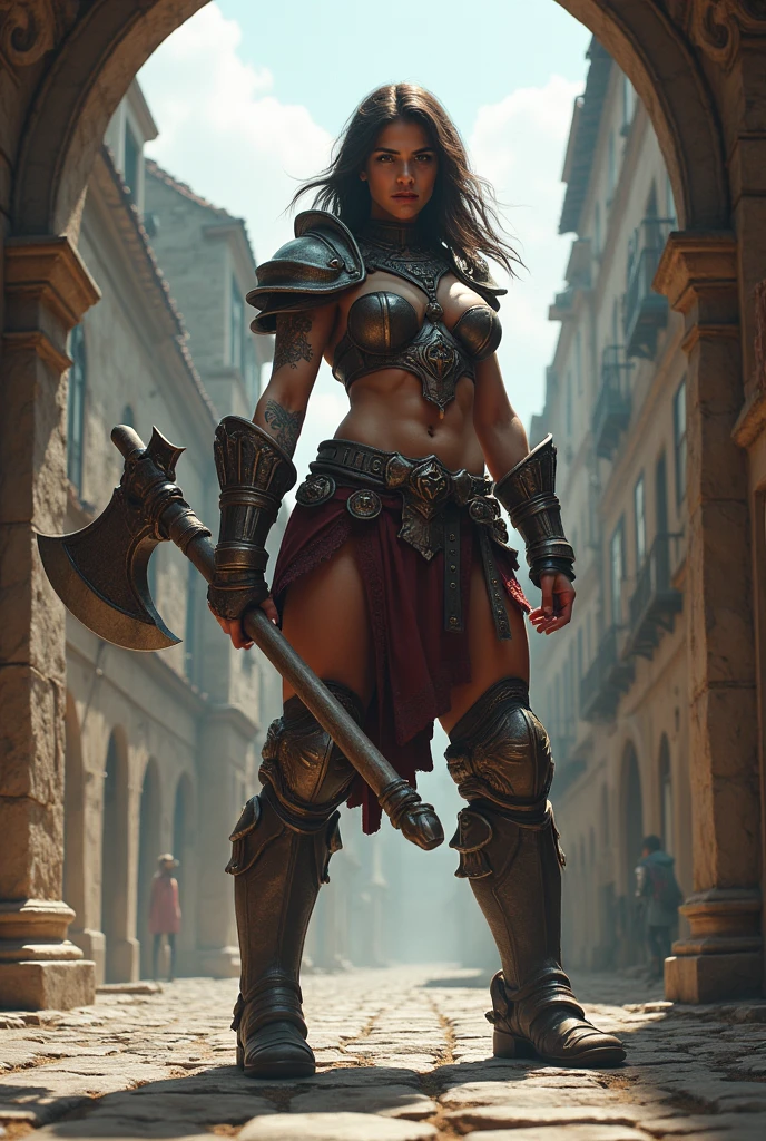 giant woman with battle axe in hand in a ancient street, low angle,Panty shot、Woman warrior、Leg spread