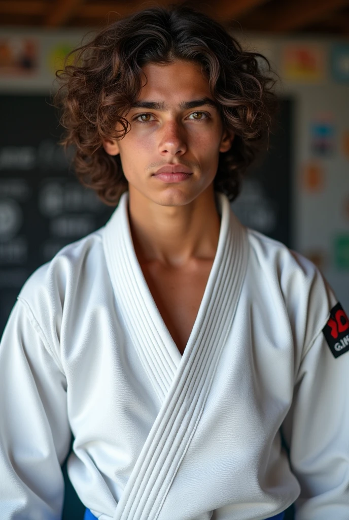 Photo of a teenage bjj fighter , brown skinned, Wavy hair. White belt and kimono