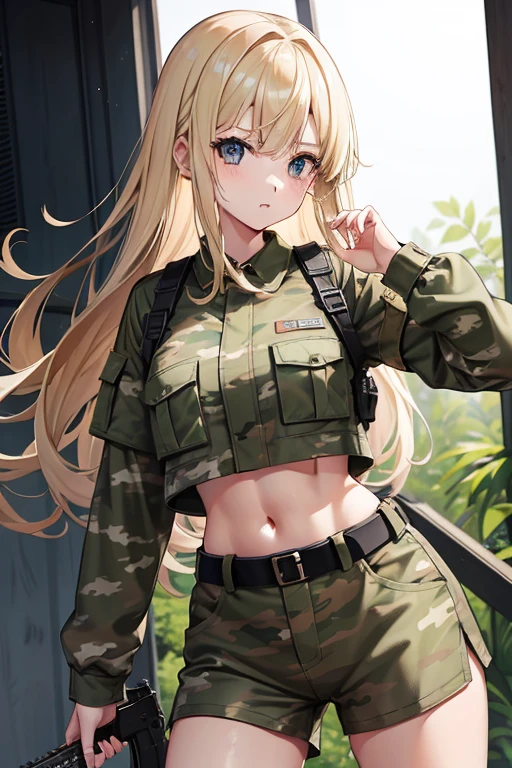 nightのmilitary base、beautiful girl、Blonde、Belly-baring camouflage combat uniform、Crop tops、camouflage-patterned shorts、Thighs、Stick a knife in one of your legs、Gripping the rifle、military base、fire、night