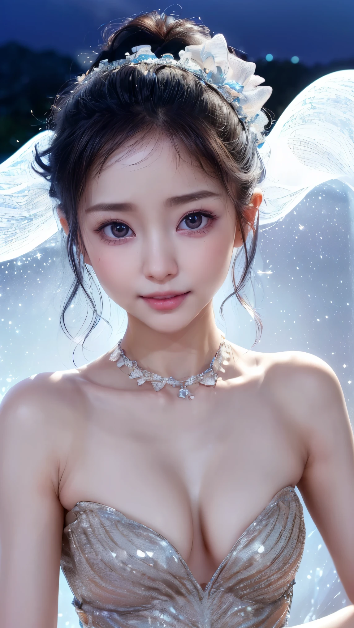 (4k quality:1.3),(Highest quality:1.3),(Whitening:1.4),(Baby Face,Girl:1.3),(The best beauty:1.5),rich,Upper Body,smile,(Strapless bejeweled dress:1.3),(Different dimension:1.6),Overflowing breasts,(jewelry),Captivate a man,Cleavage,(Super Celebrities:1.5),(Supermodel:1.4),(Whitening:1.2),(Tight waist:1.4),(Night viewの良いホテル:1.1),(luxury:1.2),(Arisa Hanyu:1.5),(anorexia:1.4),(Night view:1.3),(Face close-up),Catchlight,(Child&#39;s face:1.6),(smile:1.1),(Light blue hair:1.3),(Half Up Hair:1.3),(Light blue eyes:1.4),(2D cuteness:1.5),(Cute Makeup),Beautiful fingertips,(Sexy and cute:1.6),(Luxury hotel:1.6),(White Gal:1.6),(Transparent white skin:1.4),(albino:1.5),(Lighting hits the subject:1.3)