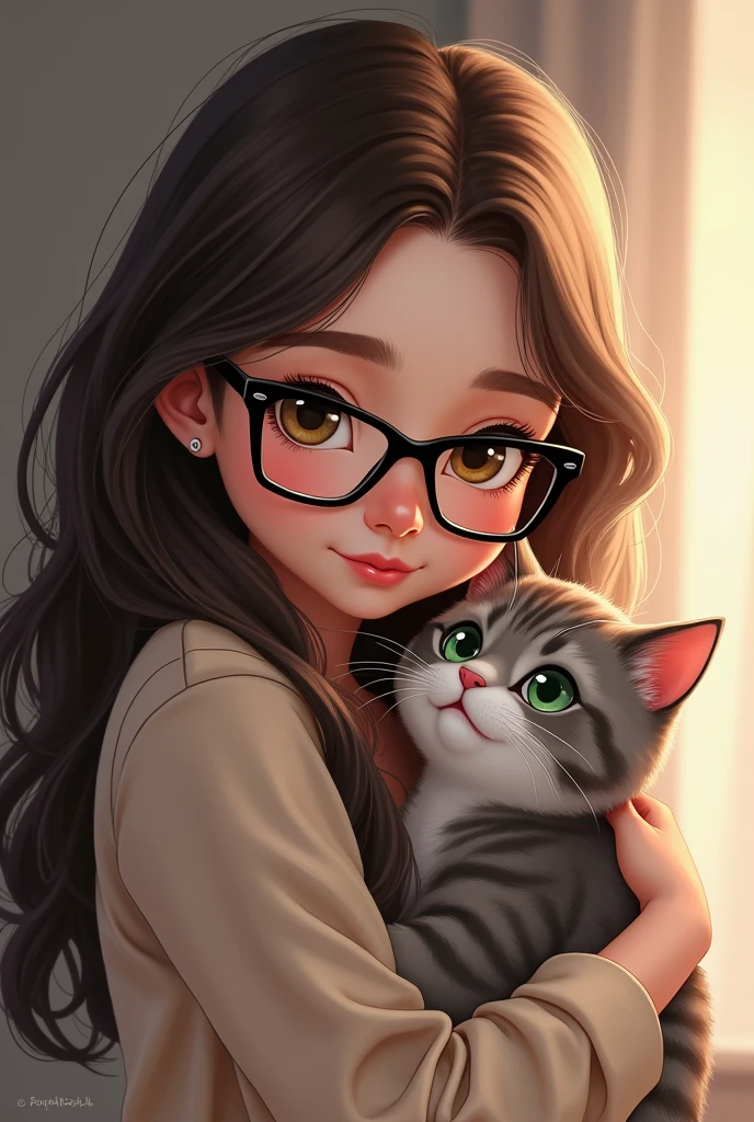 A girl with longo Brown hair, With black and square glasses but not too much, with Hazel eyes And she has a full mouth with perfect cupid's bow and she has a perfect nose, and the girl has a cat in her arms gray with dark gray stripes and light green eyes and is a little chubby