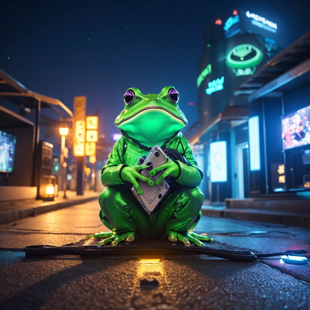 ((gaming)),(cute),(calm down),(Night view),(Cyber), (meditation),one Animal Frog,anime